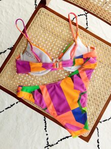 Swim Vcay Swim Suits For Women Summer Beach Colorful Geo Print Bikini Set Buckle Underwire Push Up Bra & Bikini Bottom 2 Piece Bathing Suit - Multicolor - View 8