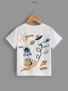 SHEIN Áo thun ngắn tay in họa tiết phi hành gia thoải mái và dễ thương dành cho các chàng trai trẻ, đa năng - trắng - Xem 6