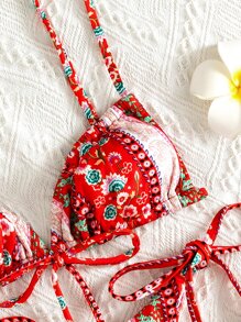 SHEIN Swim 夏季海灘佩斯利和 Ditsy 花卉繫帶側比基尼 - 彩色 - 查看 3