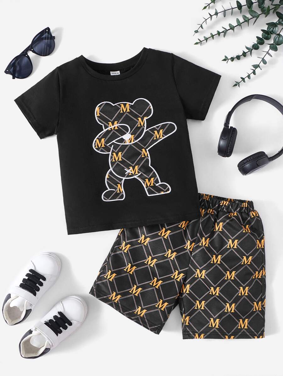 SHEIN 小男童小熊印花T恤和短褲 - 彩色 - 查看 1