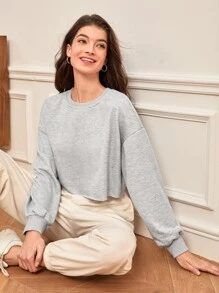 SHEIN BASICS Drop Shoulder Raw Hem Crop Pullover - Grey - View 3