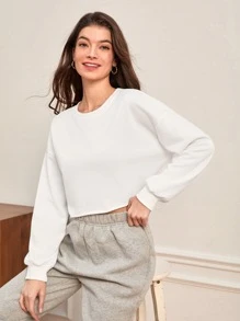 SHEIN BASICS Drop Shoulder Solid Crop Pullover - White - View 1