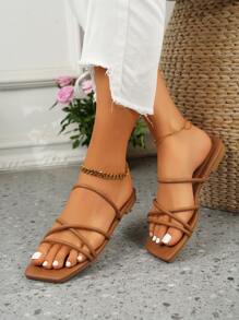 棕色平底女士户外拖鞋，简约多带仿皮露趾凉拖，春夏穿搭 - 棕色 - 查看 10