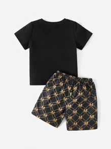 SHEIN 小男童小熊印花T恤和短褲 - 彩色 - 查看 2