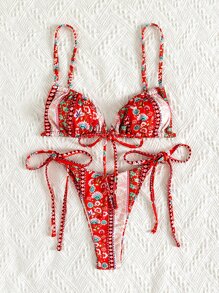 SHEIN Swim 夏季海灘佩斯利和 Ditsy 花卉繫帶側比基尼 - 彩色 - 查看 5