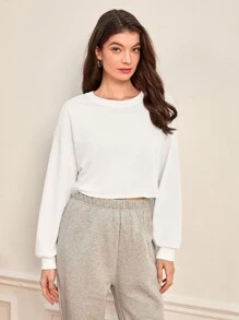 SHEIN BASICS Drop Shoulder Solid Crop Pullover - White - View 3