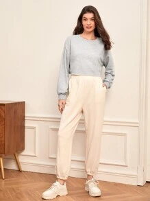 SHEIN BASICS Drop Shoulder Raw Hem Crop Pullover - Grey - View 5