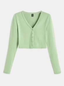 SHEIN BASICS Button-Front Long Sleeve Crop Top - Lime Green - View 6