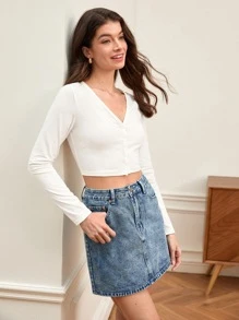 SHEIN BASICS V-Neck Buttoned Long Sleeve Cropped Tee - White - View 4