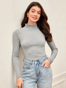 SHEIN BASICS 高領骨針針織t卹 - 淺灰色 - 查看 4