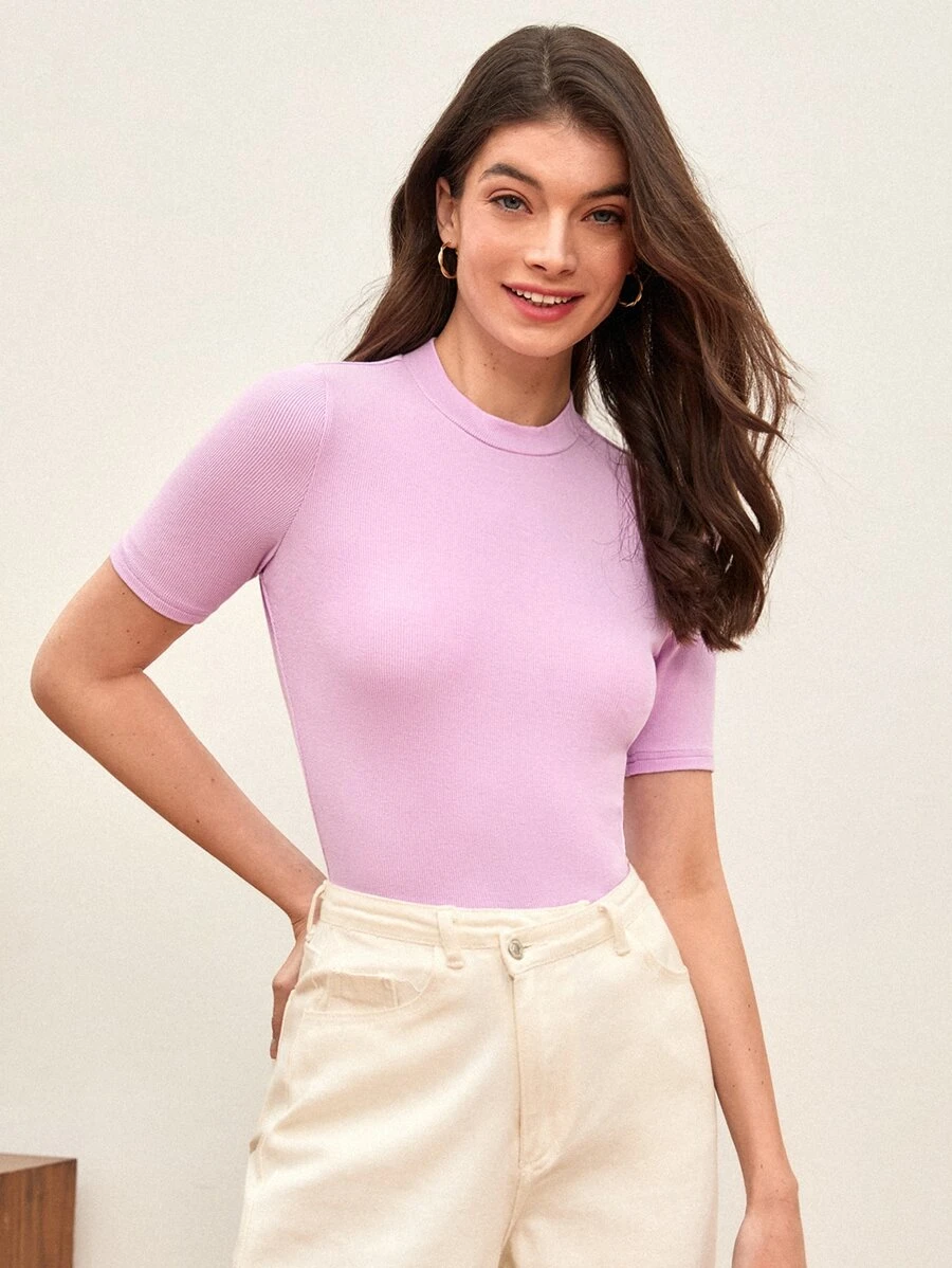 SHEIN BASICS Camiseta tejida de canalé unicolor de cuello alto - Morado - Ver 1