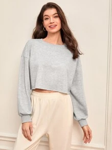 SHEIN BASICS Drop Shoulder Raw Hem Crop Pullover - Grey - View 4