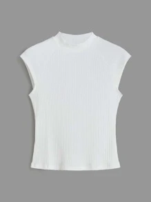 SHEIN BASICS T-shirt Rib-Knit Plain Casual - Putih - View 6