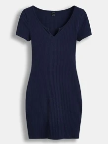 SHEIN BASICS Notch Neck Rib-Knit Bodycon Dress - Navy Blue - View 6