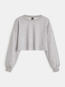 SHEIN BASICS Drop Shoulder Raw Hem Crop Pullover - Grey - View 1