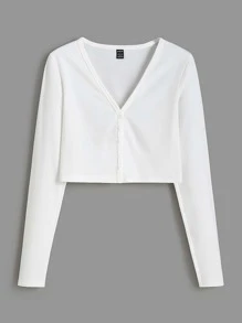 SHEIN BASICS V-Neck Buttoned Long Sleeve Cropped Tee - White - View 7