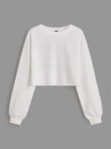 SHEIN BASICS Drop Shoulder Solid Crop Pullover - White - View 6