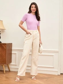 SHEIN BASICS Camiseta tejida de canalé unicolor de cuello alto - Morado - Ver 4