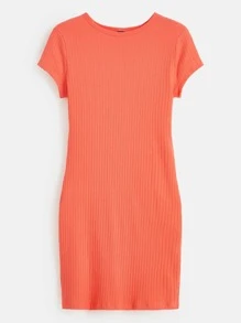 SHEIN BASICS Vestido Veraniego De Punto Acanalado Con Cuello Redondo