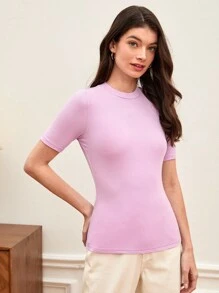 SHEIN BASICS Camiseta tejida de canalé unicolor de cuello alto - Morado - Ver 5