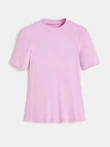 SHEIN BASICS Camiseta tejida de canalé unicolor de cuello alto - Morado - Ver 6