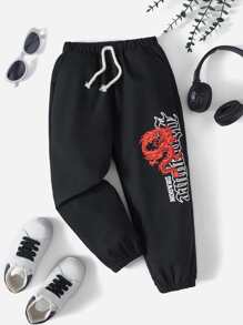 SHEIN 小男童中國龍和字母圖案腰上打結長褲