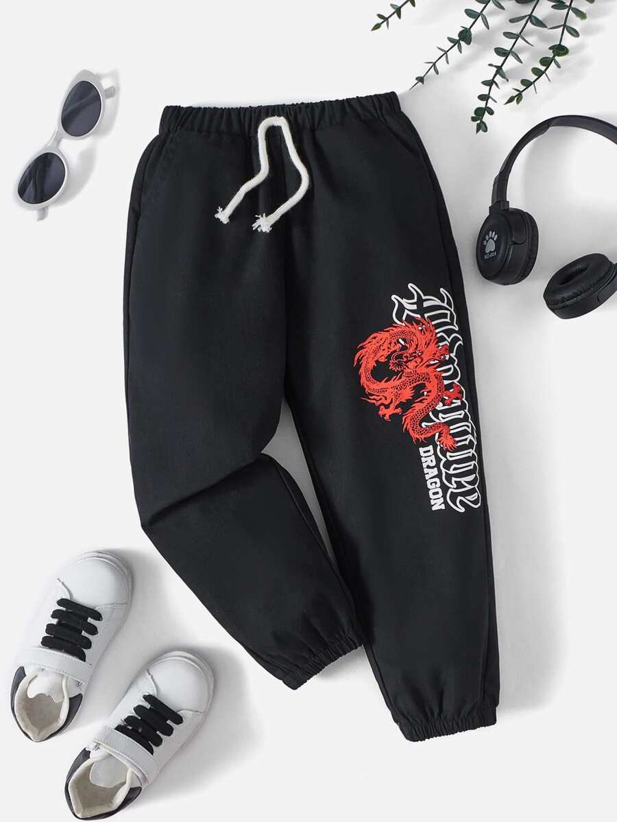 SHEIN 小男童中國龍和字母圖案腰上打結長褲