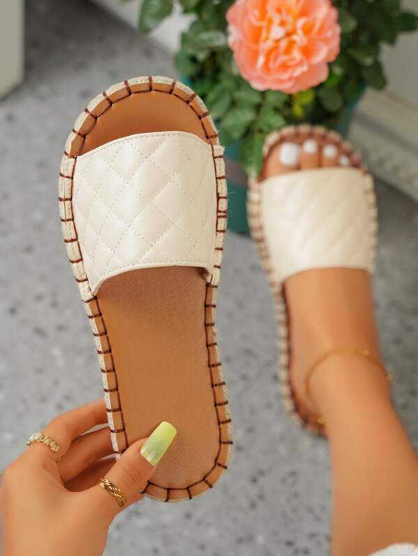 Women Quilted Single Band Flat Sandals, Vacation Beige Slide Sandals