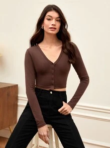 SHEIN BASICS 純色鈕扣連身短上衣 - 咖啡棕 - 查看 1