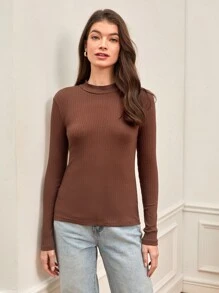 SHEIN BASICS Cổ giả Gân đan Áo - Màu nâu Sô-cô-la - Xem 6