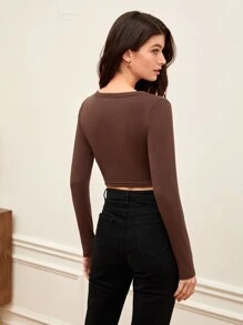 SHEIN BASICS 純色鈕扣連身短上衣 - 咖啡棕 - 查看 2