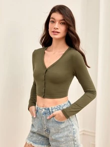 SHEIN BASICS Top Corto Sólido Con Botones - Verde militar - Ver 3