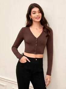 SHEIN BASICS 純色鈕扣連身短上衣 - 咖啡棕 - 查看 3