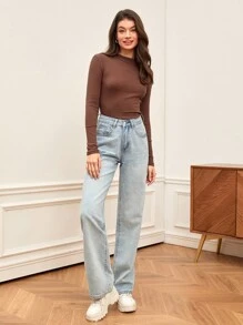 SHEIN BASICS Cổ giả Gân đan Áo - Màu nâu Sô-cô-la - Xem 3