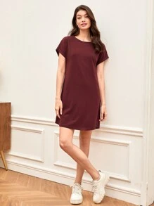 SHEIN BASICS Solid Cuffed Tee Dress - Burgundy - View 4