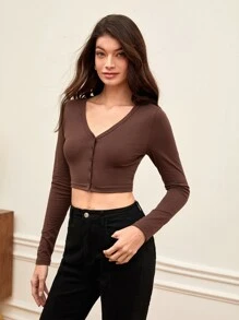 SHEIN BASICS 純色鈕扣連身短上衣 - 咖啡棕 - 查看 5