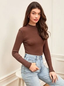 SHEIN BASICS Cổ giả Gân đan Áo - Màu nâu Sô-cô-la - Xem 4