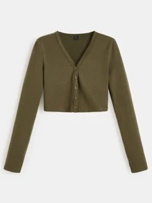 SHEIN BASICS Top Corto Sólido Con Botones - Verde militar - Ver 6