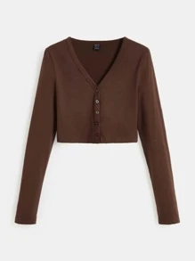 SHEIN BASICS 純色鈕扣連身短上衣 - 咖啡棕 - 查看 6