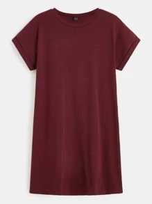 SHEIN BASICS Solid Cuffed Tee Dress - Burgundy - View 1