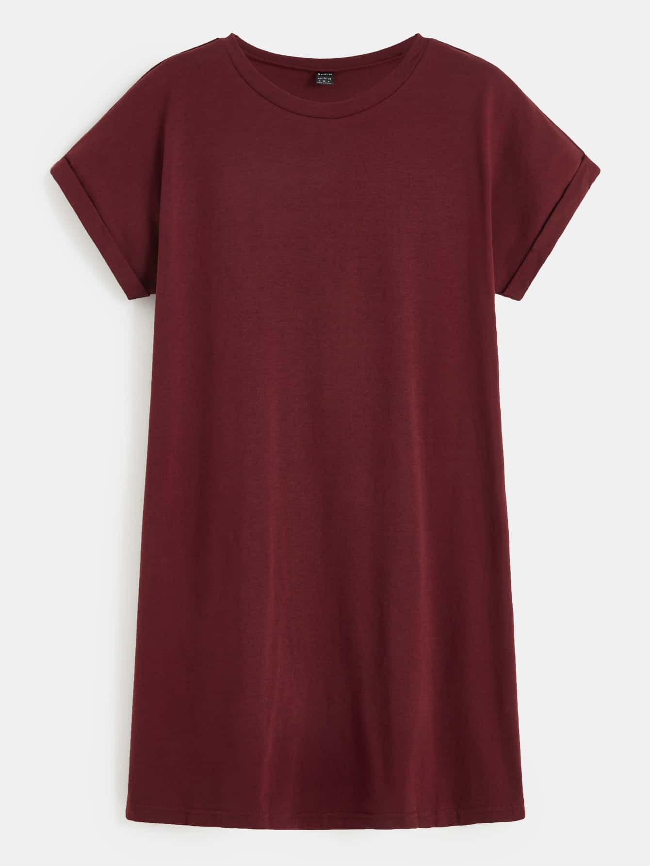 SHEIN BASICS Solid Cuffed Tee Dress - Burgundy - View 1