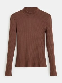 SHEIN BASICS Cổ giả Gân đan Áo - Màu nâu Sô-cô-la - Xem 1