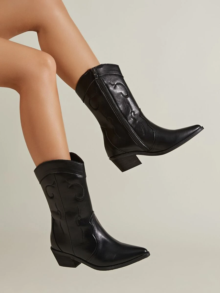 女式刺繡尖頭粗跟時尚靴子度假黑色西部靴子