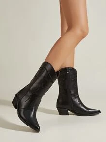 女式刺繡尖頭粗跟時尚靴子度假黑色西部靴子