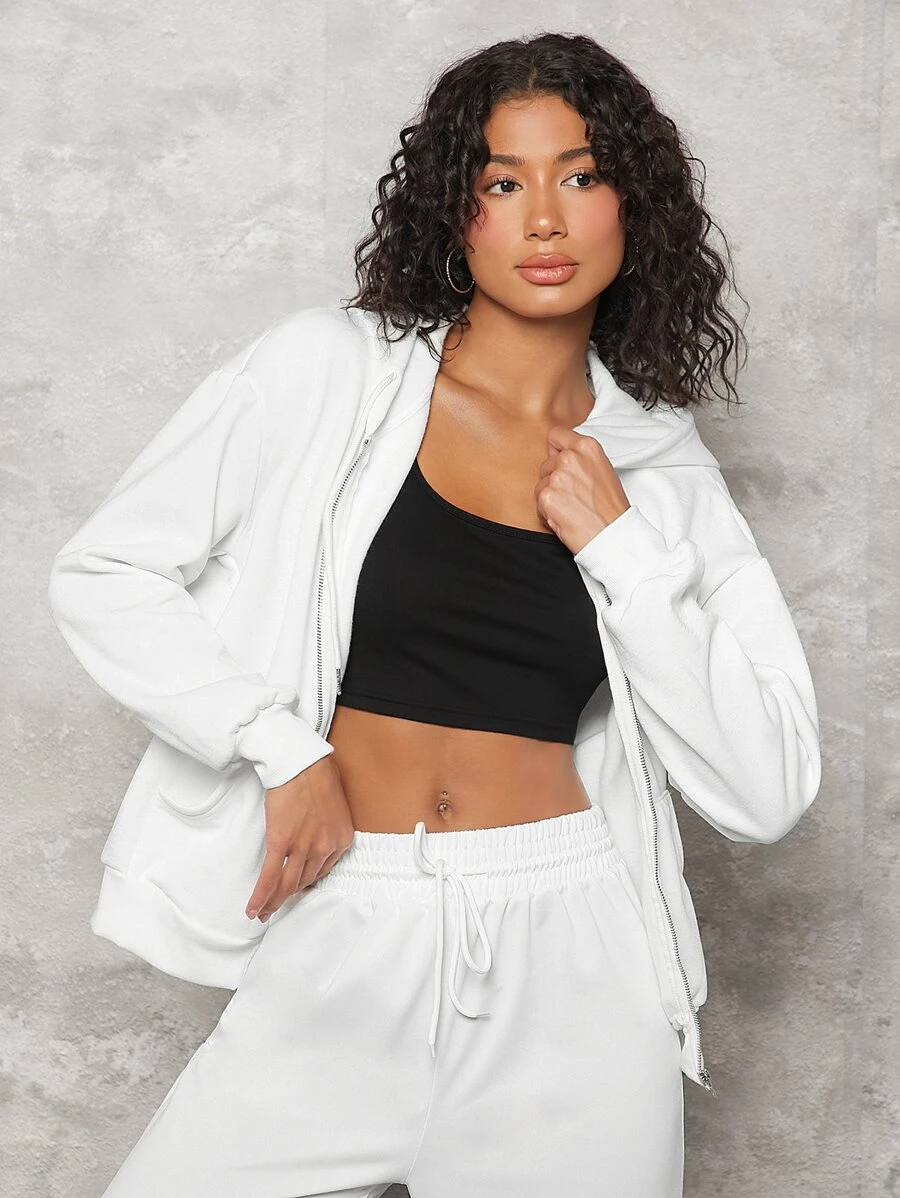 SHEIN BASICS Áo nỉ Dây kéo màu trơn Giải trí - trắng - Xem 1