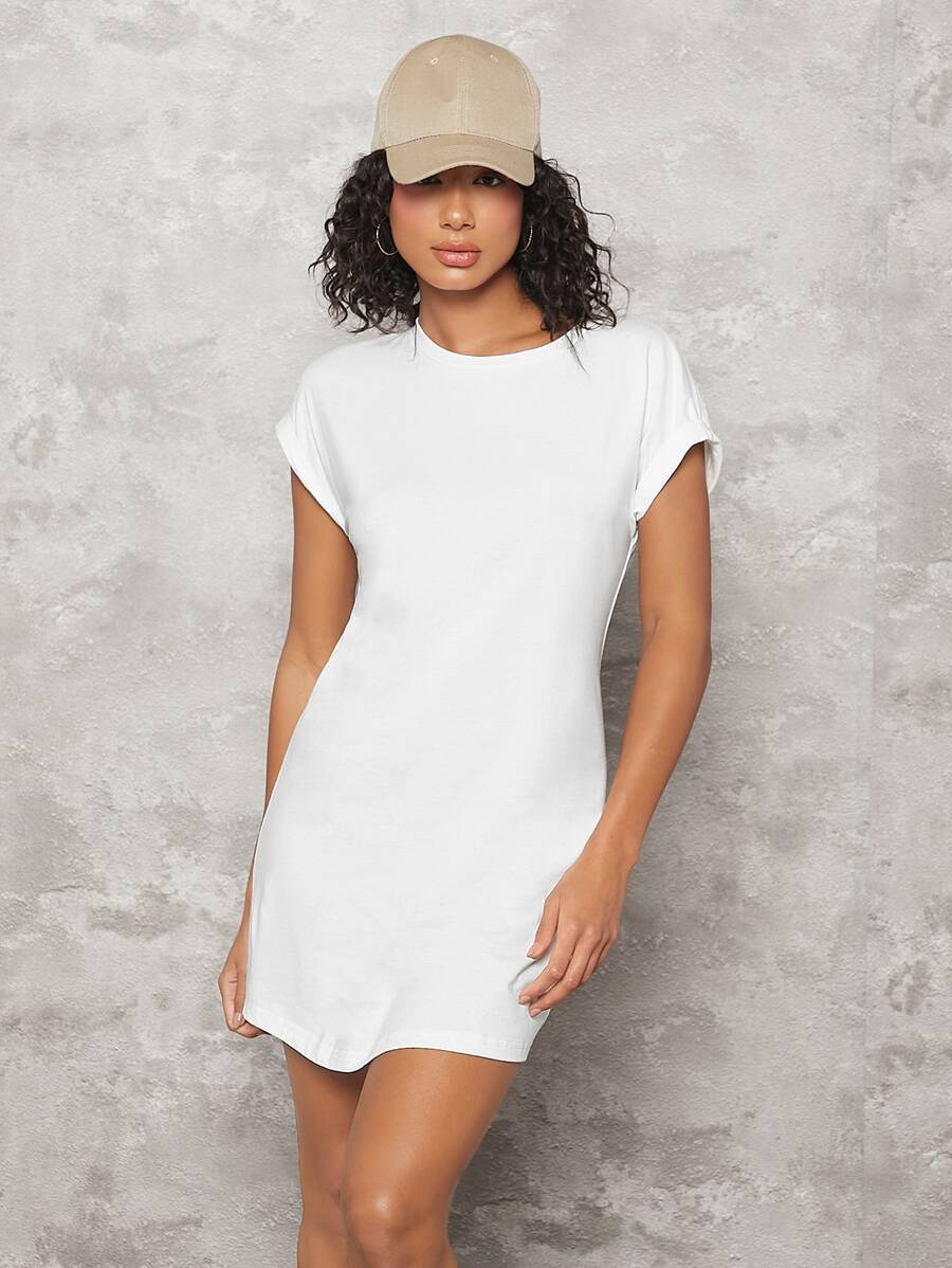 SHEIN BASICS Rolled Cuff Solid Tee Dress - White - View 1