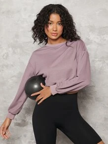SHEIN BASICS Drop Shoulder Raw Hem Crop Pullover - Mauve Purple - View 6