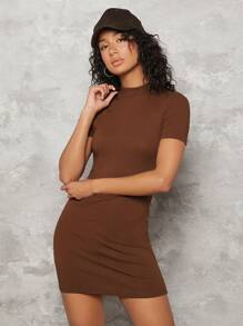SHEIN BASICS Vestido De Punto Ajustado Bodycon Sólido - Marrón Chocolate - Ver 1