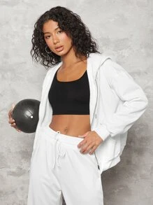 SHEIN BASICS Áo nỉ Dây kéo màu trơn Giải trí - trắng - Xem 4