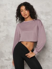 SHEIN BASICS Drop Shoulder Raw Hem Crop Pullover - Mauve Purple - View 3